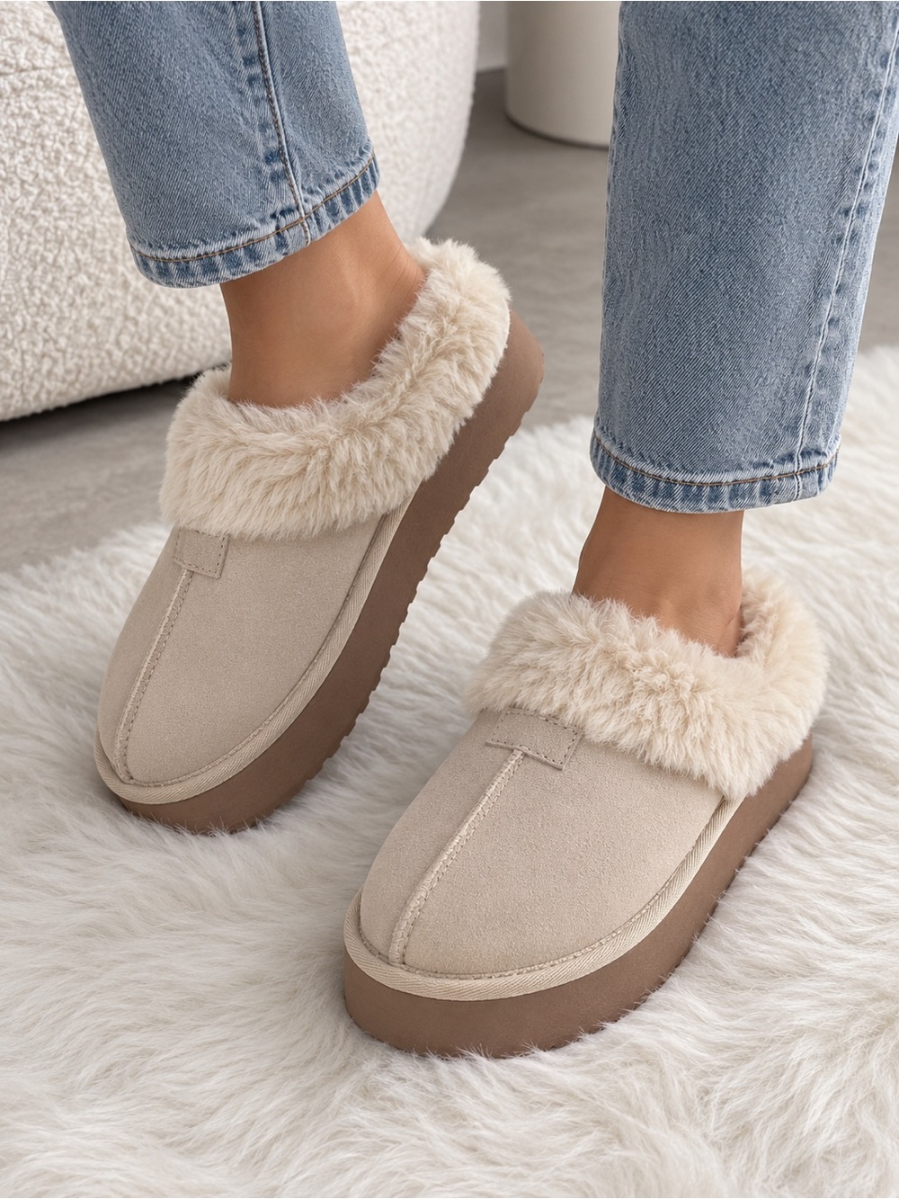 Joyspun Cozy Plush Lined Slip-On Mules - Beige Sz 6